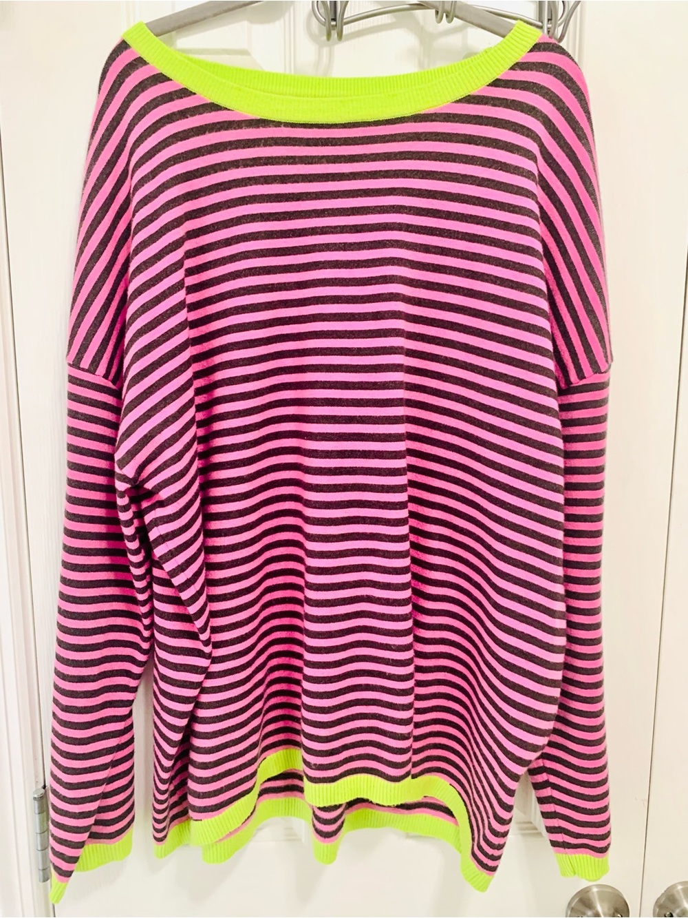 Striped Pink & Black Knit Top with Neon Trim